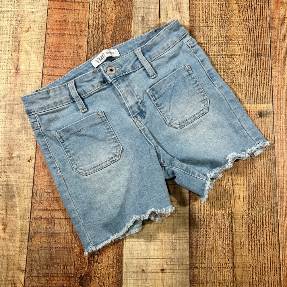 YMI Girl 10 Light Wash Denim Shorts Raw Hem Frayed Utility Patch Pocket 10